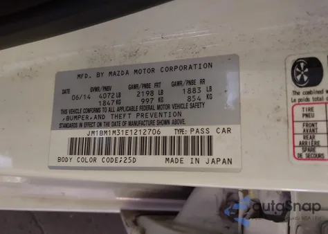 2014 Mazda Mazda3 S Grand Touring z USA, uszkodzony, nr VIN JM1BM1M31E1212706